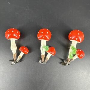 3 Vintage Blown Glass Double Mushrooms Clip On Christmas Ornament Toadstool Red